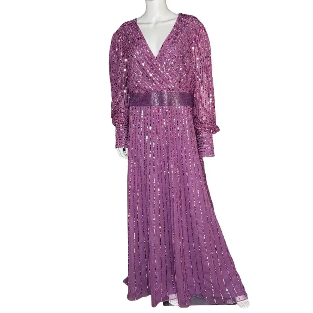 Mac Duggal Purple Sequined Wrap Over Bishop Sleeve Gown 5720 Women’s Sz 20